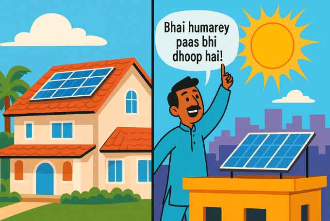 A colorful split-scene illustration debunking one of the Solar Myths showing a modern California rooftop with solar panels on one side and a sunny Karachi rooftop on the other, where a local proudly says, “Humaray paas bhi dhoop hai!