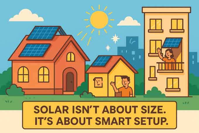 A colorful digital illustration debunking one of the Solar Myths showing three different homes side by side—a large house, a small single-story house, and a multi-story apartment—all with solar panels on their rooftops. The background features a sunny sky and green surroundings. At the bottom, bold text reads: “SOLAR ISN’T ABOUT SIZE. IT’S ABOUT SMART SETUP