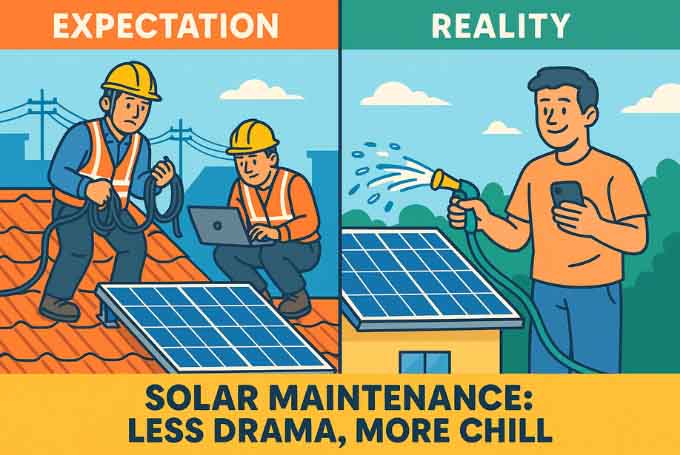 A two-panel cartoon illustration (debunking one of the Solar Myths) labeled “Expectation” and “Reality” shows the contrast in solar panel maintenance. On the left, workers in safety gear handle wires and laptops on a rooftop, representing the exaggerated expectation of high maintenance. On the right, a relaxed man casually sprays his solar panels with a garden hose while checking his phone, highlighting the simplicity of real-life solar upkeep. Below, bold text reads: “SOLAR MAINTENANCE: LESS DRAMA, MORE CHILL.