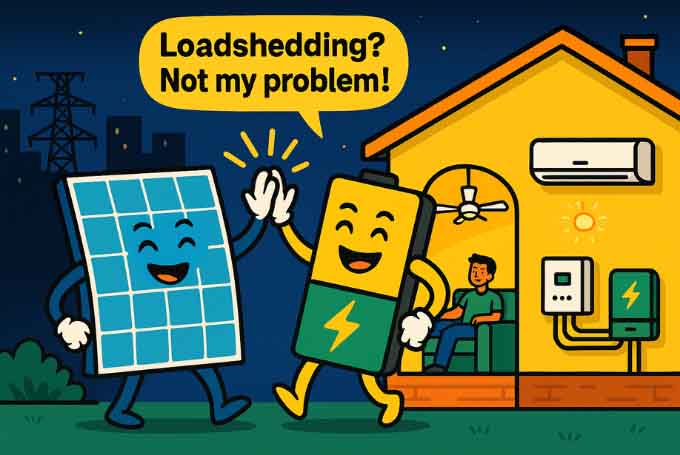 A colorful cartoon illustration debunking one of the Solar Myths showing a smiling solar panel and battery giving a high five with the text “Loadshedding? Not my problem!” in a speech bubble. Behind them, a house is brightly lit with a fan, air conditioner, and inverter system visible, while the city outside is dark due to loadshedding.