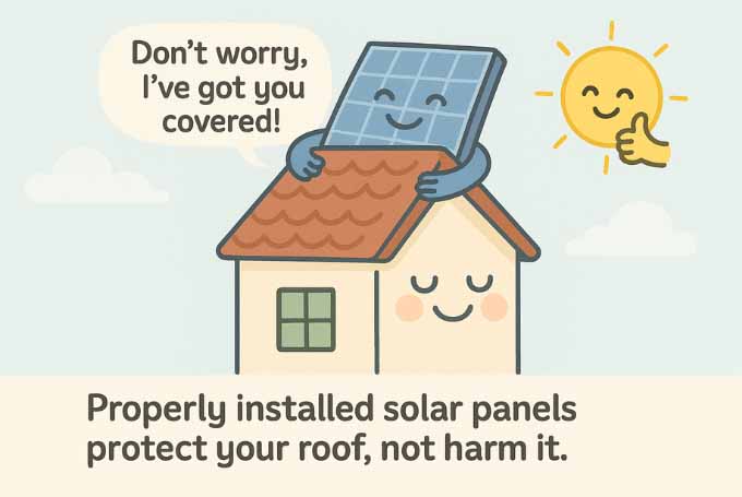 A soft-toned cartoon illustration (debunking one of the Solar Myths) shows a happy house with a red tiled roof and a smiling solar panel hugging the roof protectively. A speech bubble from the solar panel says, “Don’t worry, I’ve got you covered!” In the sky, a cheerful sun gives a thumbs-up. Below the house, large text reads: “Properly installed solar panels protect your roof, not harm it.” The background features light blue sky and soft clouds, creating a calm and reassuring visual.