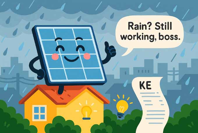 A playful cartoon-style illustration debunking one of the Solar Myths and showing a smiling solar panel giving a thumbs-up while standing on a rooftop during a rainy day in Karachi. The house below has glowing light bulbs, showing it's powered, and a long KE bill floats beside it. The solar panel says, “Rain? Still working, boss.” in a speech bubble.