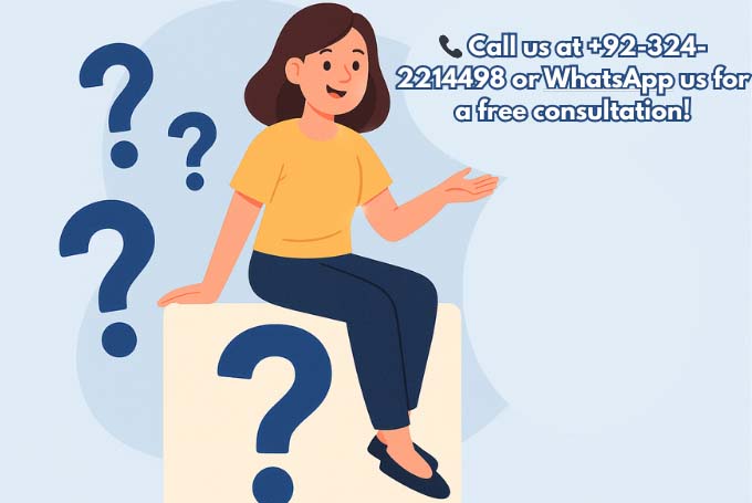 Fun illustration of a smiling woman sitting on a large question mark block, surrounded by multiple question marks and an exclamation mark.