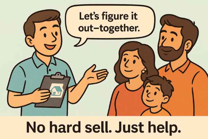 A friendly cartoon-style illustration (debunking of one of the Solar Myths) shows a solar consultant holding a clipboard with a house and solar panel icon. He smiles while talking to a Karachi family—father, mother, and young son—who are attentively listening. A speech bubble above the consultant reads, “Let’s figure it out—together.” At the bottom of the image, bold text says: “No hard sell. Just help.” The background features a soft pastel green tone, giving the scene a calm and welcoming vibe.