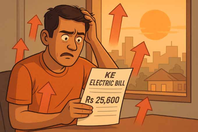 A worried Karachi homeowner holding a huge KE bill, with red arrows pointing upwards (symbolizing rising prices). Background shows a warm Karachi sunset outside the window.