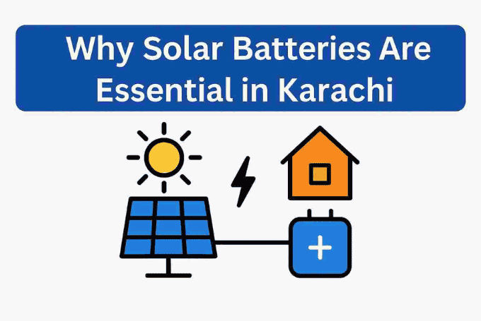 Flat-style illustration showing solar batteries powering a Karachi home during load shedding, highlighting why solar batteries are essential