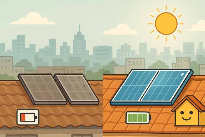 Split illustration of dusty vs clean solar panels on a Karachi rooftop, showing the impact of regular maintenance on performance.