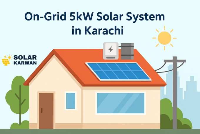 Flat-style horizontal illustration of an on-grid 5kW solar system in Karachi. A beige house with an orange roof has blue solar panels installed, connected to the grid via a utility pole. An inverter and water tank are shown on the roof, with a bright sun, trees, and city skyline in the background. The Solar Karwan icon is at the top left side.