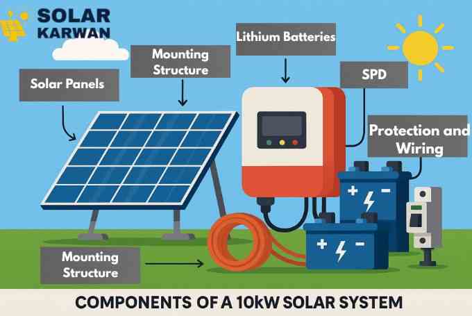 Colorful illustration showing the main components of a 10kW solar system: solar panels on a mounting structure, lithium batteries, inverter, surge protection device, and wiring under bright sunlight. At top left is Solar Karwan's icon.