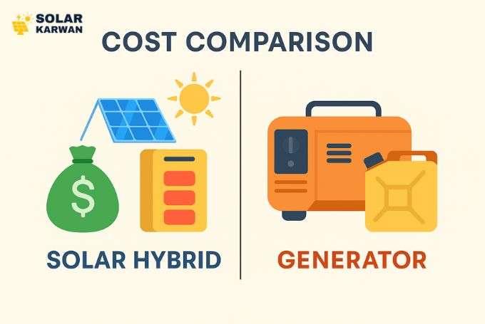 Illustration comparing solar hybrid system with generator in Karachi, showing solar panels with battery and money bag on one side, and a fuel generator with fuel can on the other. At top left corner is Solar Karwan's icon.
