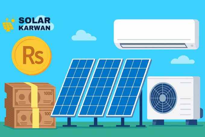 Illustration showing solar panels, a 1.5 ton AC unit, and stacks of Pakistani rupee notes with an Rs symbol, representing the cost of a solar setup in Karachi. At the top left is Solar Karwan's icon.