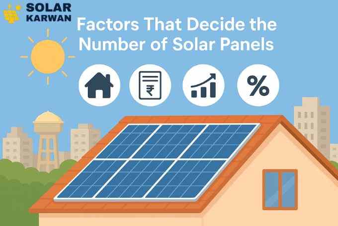 Illustration of a Karachi house rooftop with solar panels under bright sunlight, surrounded by floating icons representing factors like home size, electricity bill, energy usage, and budget, with a cityscape in the background. At the top left is Solar Karwan's icon.