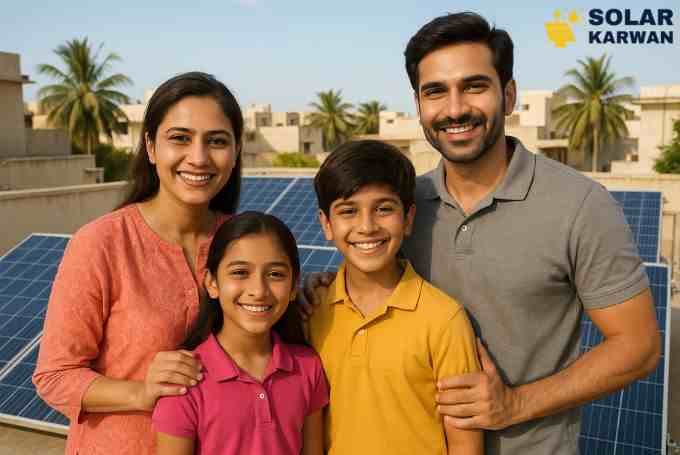 Happy family standing in front of solar panels on their rooftop in Karachi with the Solar Karwan logo in the corner, symbolizing clean energy and reliable power