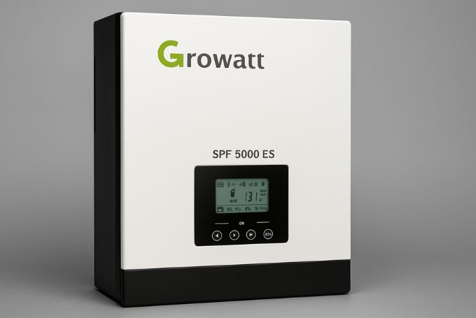 Horizontal hyper-realistic Growatt SPF 5000 ES hybrid solar inverter with white body, black lower panel, and LCD display, set against a clean gray background.