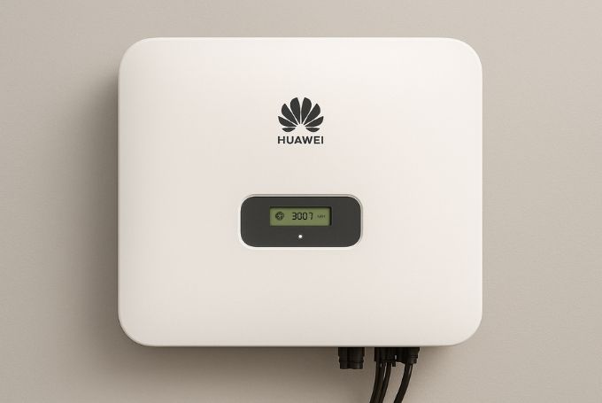 Horizontal hyper-realistic Huawei SUN2000-5KTL on-grid solar inverter with white curved body, Huawei logo, central LCD display, and bottom connectors, mounted on a light gray wall.