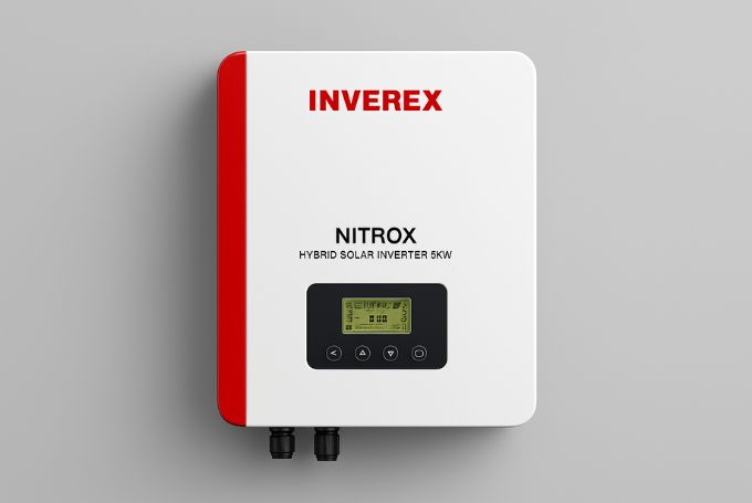 Horizontal hyper-realistic Inverex Nitrox 5kW hybrid solar inverter with white body, red stripe, and digital LCD display on a clean gray background.