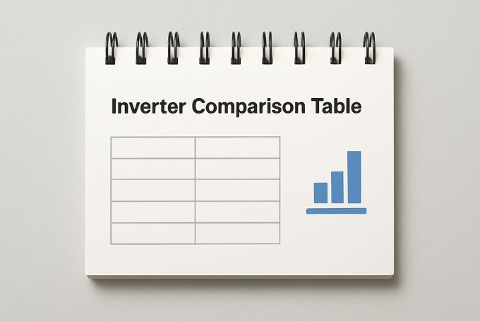 Minimalistic image for inverter comparison table section showing a clean notepad with a blank table grid and a simple blue chart icon on a light gray background.