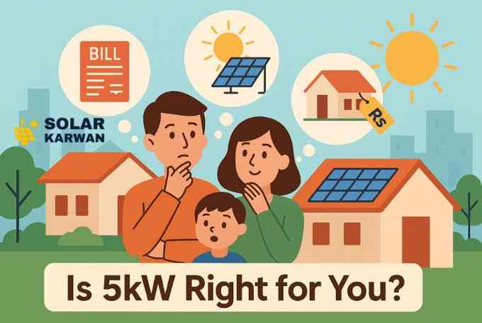 Flat-style illustration of a family standing in front of their Karachi home, thinking about solar. Thought bubbles show a high electricity bill, solar panels under the sun, and rupee savings. A bright sun and city skyline are in the background with a banner at the bottom reading ‘Is 5kW Right for You? At the top is Solar Karwan's icon.