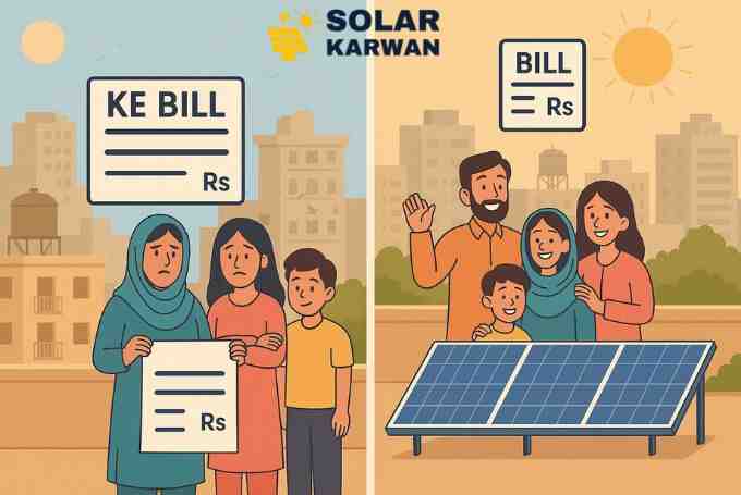 Split illustration showing a Karachi family stressed with a large KE bill on the left, and the same family happy with solar panels and a much smaller bill on the right, with city buildings, water tanks, and sun in the background. At the center is Solar Karwan's icon.