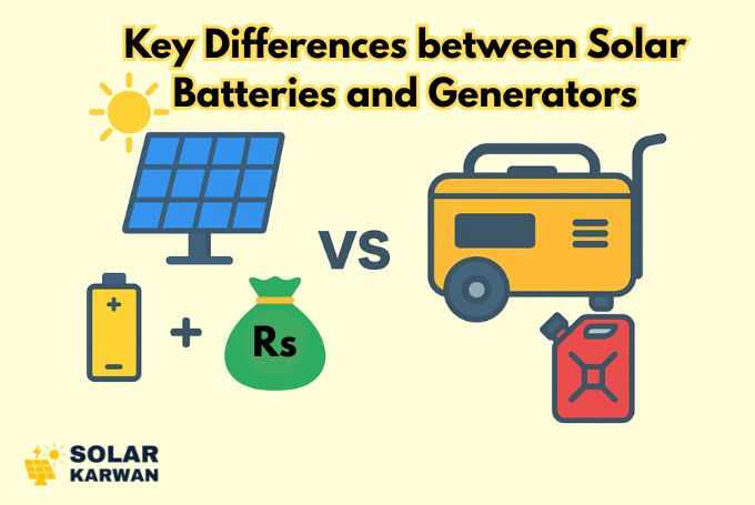 Illustration comparing solar hybrid system with batteries and savings against a fuel generator with fuel can, showing key differences in backup power. At the left bottom is Solar Karwan's icon.
