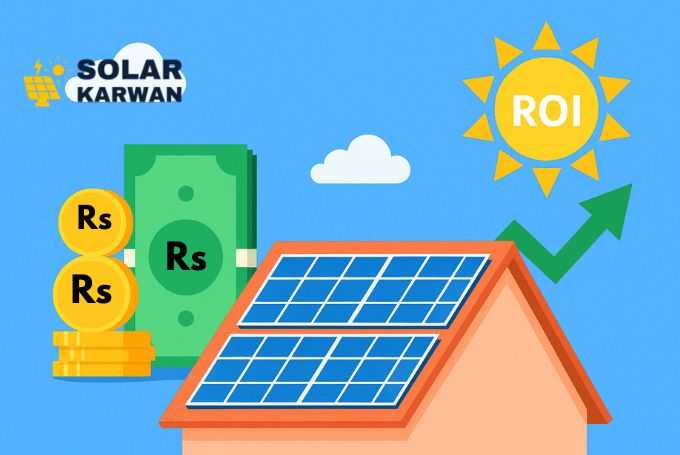 Illustration of a rooftop with solar panels, stacks of money, and a bright sun with an upward arrow, representing savings and ROI from solar energy in Karachi. At top left is Solar Karwan's icon.