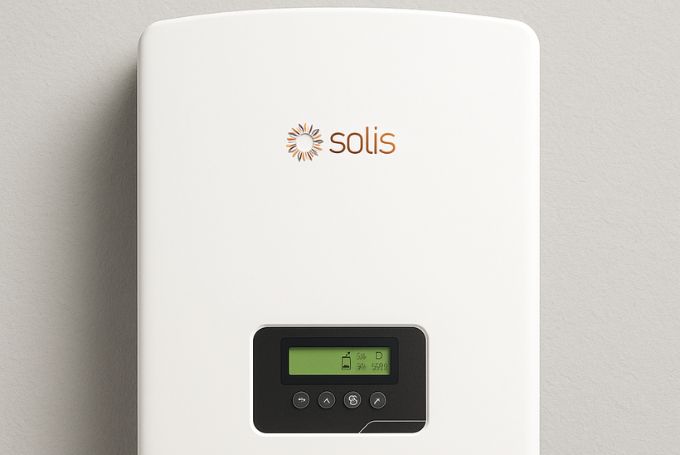 Horizontal hyper-realistic Solis 5kW on-grid solar inverter with white body, orange Solis logo, central LCD display, and bottom connectors, mounted on a textured light gray wall.