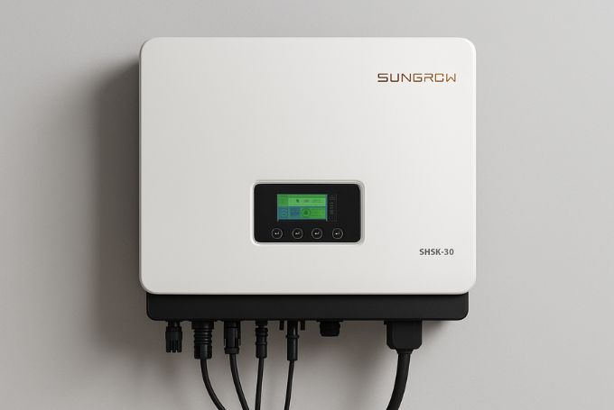 Horizontal hyper-realistic Sungrow SH5K-30 hybrid solar inverter with sleek white casing, orange Sungrow logo, central LCD display, and bottom connection ports, mounted on a light gray wall.