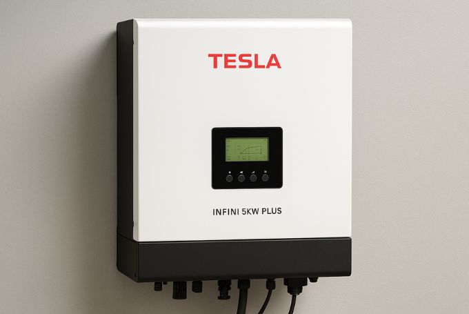 Horizontal hyper-realistic Tesla Infini 5kW Plus hybrid solar inverter with sleek white body, black lower panel, digital LCD display, and red Tesla branding, mounted on a neutral gray wall.