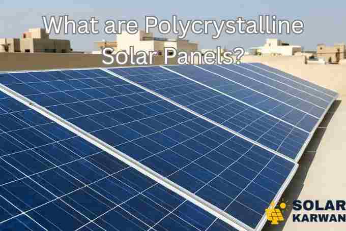 Blue polycrystalline solar panels installed on a Karachi rooftop, reflecting sunlight with nearby residential buildings visible in the background. At the bottom is Solar Karwan's icon.