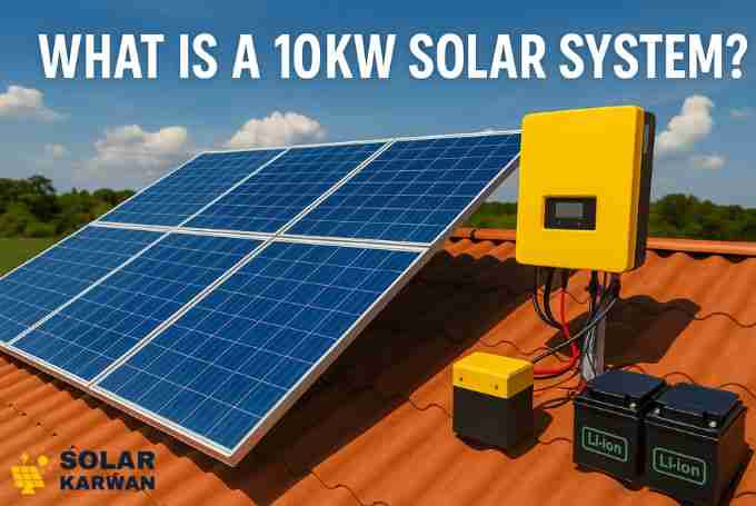 High-resolution photo of a 10kW solar system installed on a tiled rooftop, featuring blue solar panels, a yellow inverter, and lithium-ion batteries under bright sunlight. At left bottom corner is Solar Karwan's icon.