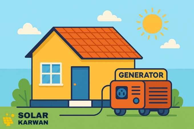 Illustration of a house in Karachi with an orange fuel generator labeled ‘Generator’ placed outside, connected by a power cord as a backup power source. At the bottom left is Solar Karwan's icon.