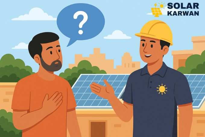 An animated illustration of a curious Karachi homeowner asking questions to a solar expert, with solar panels visible in the background, portraying a helpful consultation scene. At top right is Solar Karwan's icon.