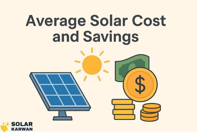 Illustration showing solar panel, bright sun, and golden dollar coins symbolizing savings — with heading “Average Solar Cost and Savings” in a clean, minimal design. At bottom right is Solar Karwan's icon.