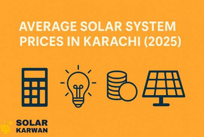 Clean horizontal image with bold white title “Average Solar System Prices in Karachi (2025)” on an orange background, featuring dark blue icons of a calculator, lightbulb, coins, and solar panel neatly aligned. At bottom left is Solar Karwan's icon.
