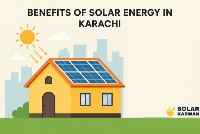 Illustration of a Karachi house with rooftop solar panels under bright sun, showing clean energy, savings, and sunny weather benefits in a natural, minimal style. At right bottom is Solar Karwan's icon.