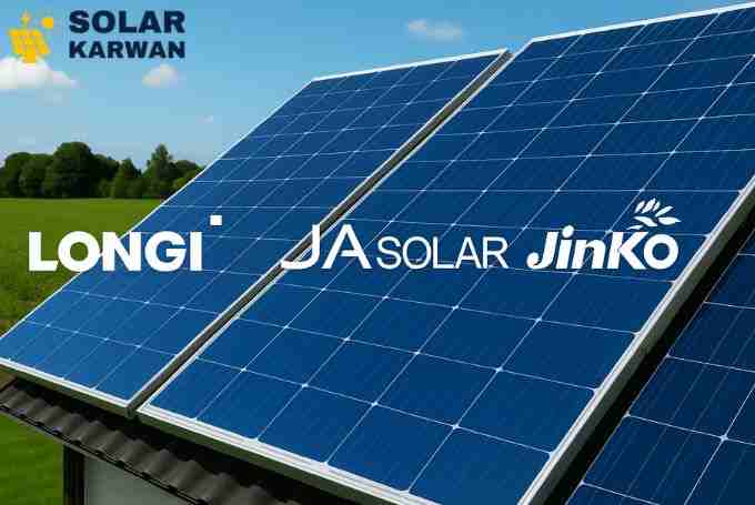 Three blue solar panels under a bright sky, symbolizing leading Tier-1 solar brands like LONGi, JA Solar, and Jinko used in Pakistan. At top left is Solar Karwan's icon.
