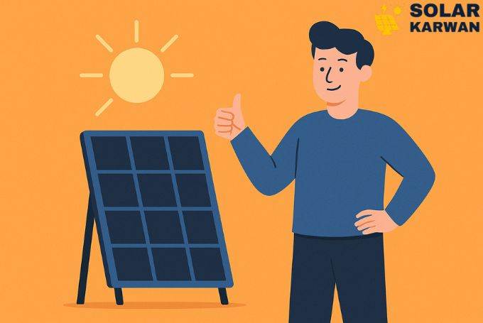 Illustration of a smiling person giving a thumbs-up beside a solar panel under bright sunlight, representing satisfaction and success with solar energy in Karachi. At top right is Solar Karwan's icon.