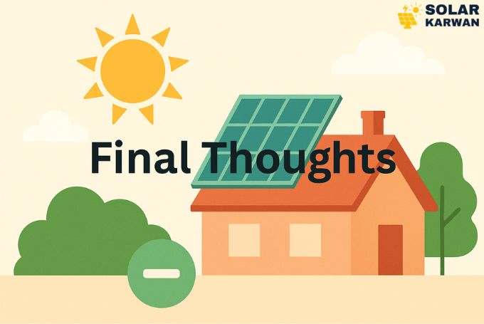 Horizontal illustration showing a cozy Karachi home with solar panels glowing under a warm sun at sunset, symbolizing clean energy, peace, and Solar Karwan’s final message. At top right corner is Solar Karwan's icon.