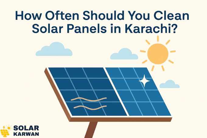 Horizontal illustration with the heading “How Often Should You Clean Solar Panels in Karachi?” showing a sunny sky, clouds, and a half-dusty, half-clean solar panel symbolizing cleaning frequency. At left bottom corner is Solar Karwan's icon.