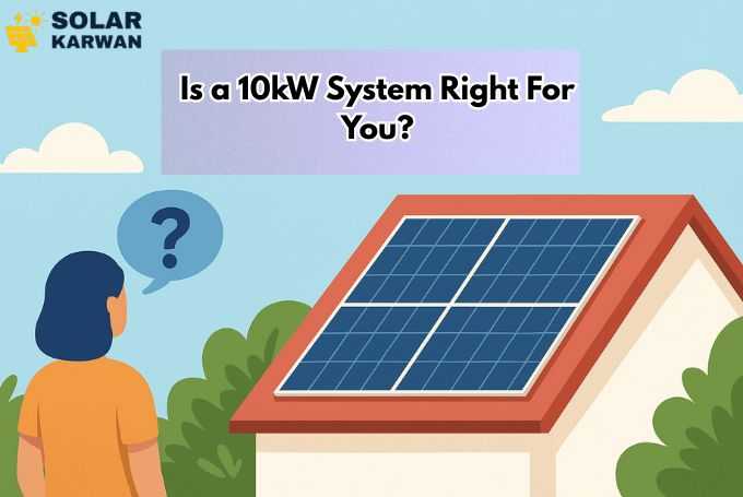 Illustration of a person looking at a rooftop with solar panels, with the heading “Is a 10kW System Right for You?” above, symbolizing the decision-making process. At top left is Solar Karwan's icon.