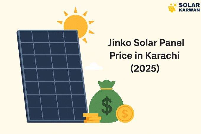 Horizontal illustration showing Jinko solar panel under sunlight with golden dollar coins and green money bag, symbolizing cost and value of Jinko Solar panels in Karachi 2025. At top right is Solar Karwan's icon.