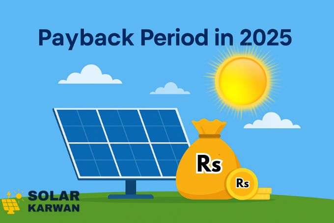 Illustration with rooftop solar panels under sunlight and the heading “Payback Period 2025,” symbolizing reduced electricity costs in Karachi. At bottom left corner is Solar Karwan's icon.