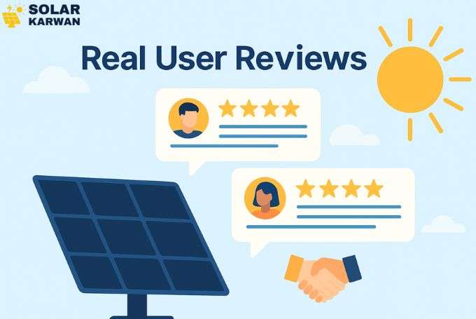 Horizontal illustration showing solar panels under sunlight with review bubbles, stars, and handshake icons, symbolizing positive real user feedback for Jinko Solar panels in Karachi. At top left corner is Solar Karwan's icon.