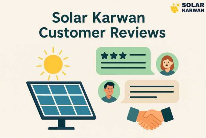 : Horizontal illustration with solar panel, handshake, and speech bubbles showing happy customers giving feedback under sunlight — representing Solar Karwan customer reviews and satisfaction. At top right corner is Solar Karwan's icon.
