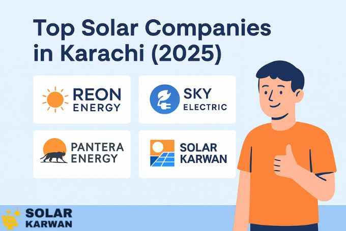 Illustration featuring logos of top solar companies including Reon Energy, Sky Electric, Pantera Energy, and Solar Karwan, with a man giving a thumbs-up on a blue background. At bottom left is Solar Karwan's icon.