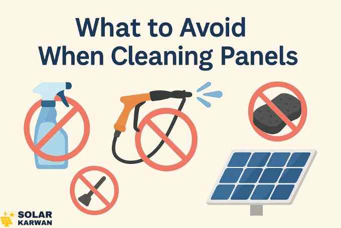 Horizontal illustration with the heading “What to Avoid When Cleaning Panels,” showing cleaning tools like a spray bottle, sponge, and pressure washer marked with red caution symbols near a solar panel. At left bottom corner is Solar Karwan's icon.