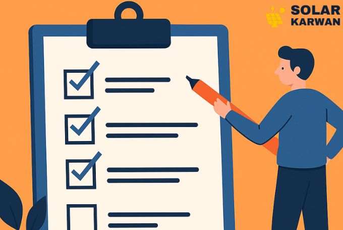Illustration of a person checking items on a large clipboard checklist with a pen, symbolizing things to verify before hiring a solar company, set against an orange background. At top right is Solar Karwan's icon.