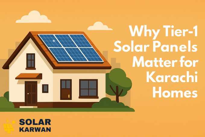 Illustration of a Karachi-style home with rooftop solar panels under a warm golden sky, representing the benefits of Tier-1 solar panels for local households. At bottom left is Solar Karwan's icon.