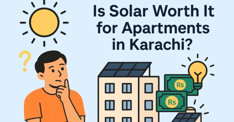 Flat-style illustration showing a man in an orange shirt thinking, with a Karachi-style apartment building topped with solar panels, rupee notes, a sun, and a lightbulb icon. The text reads: ‘Is Solar Worth It for Apartments in Karachi?