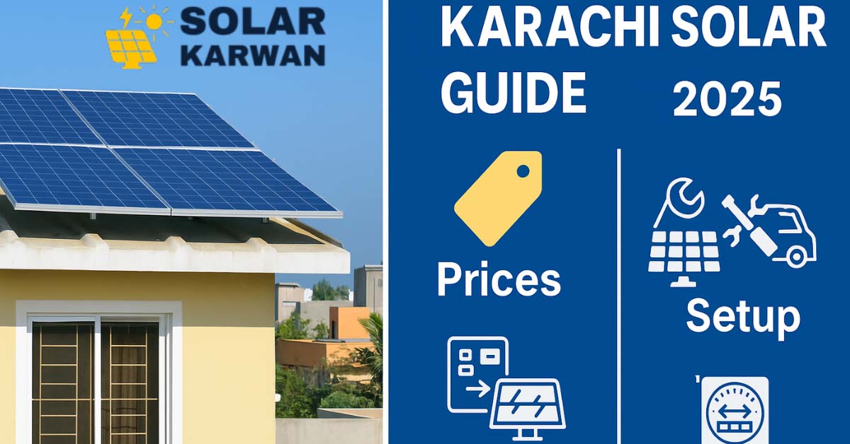 Composite graphic for a 2025 Karachi Solar Guide featuring a rooftop with solar panels, icons for pricing, setup, solar types, and net metering, with a clear title banner